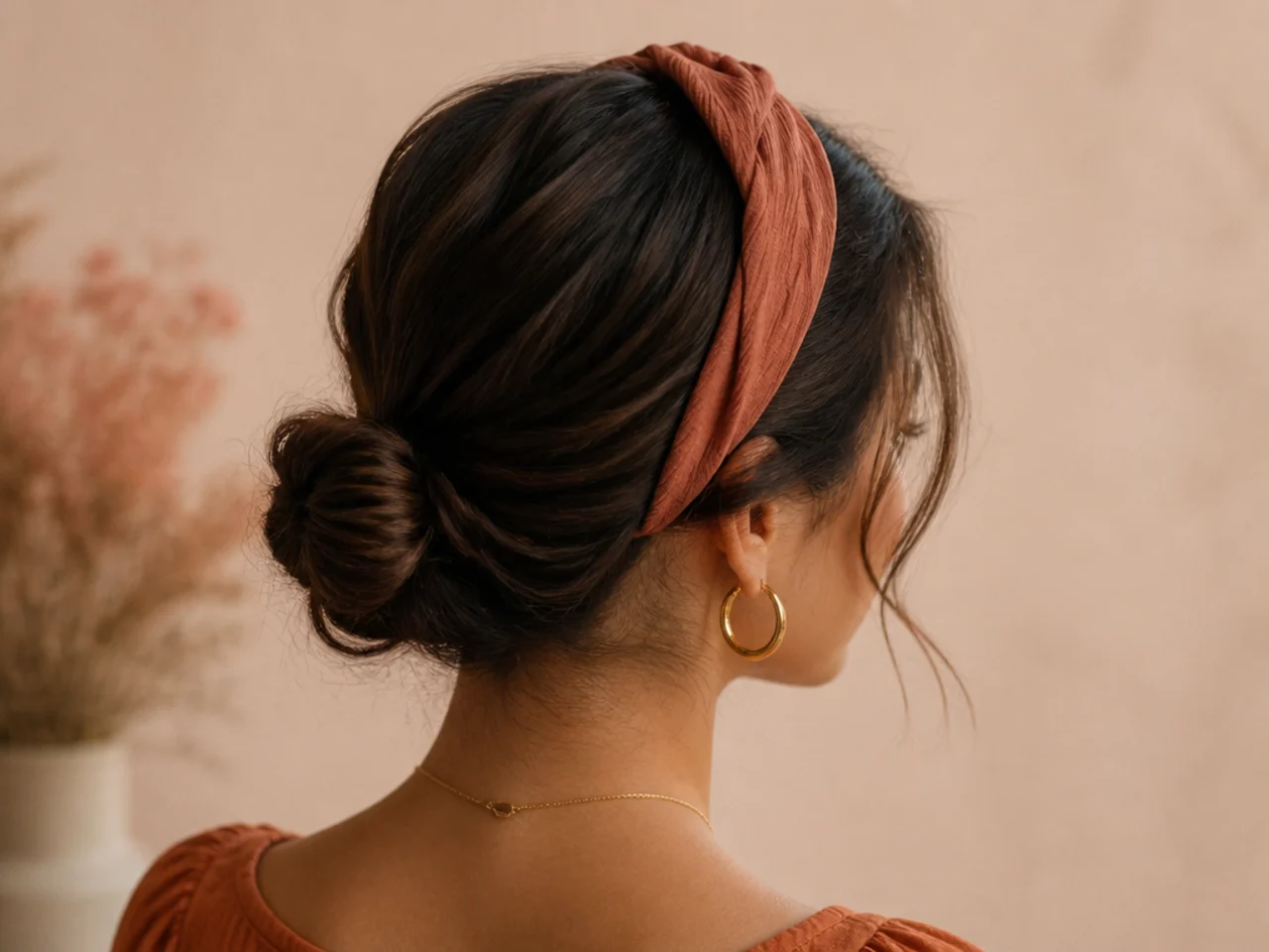 A short bun worn with a headband