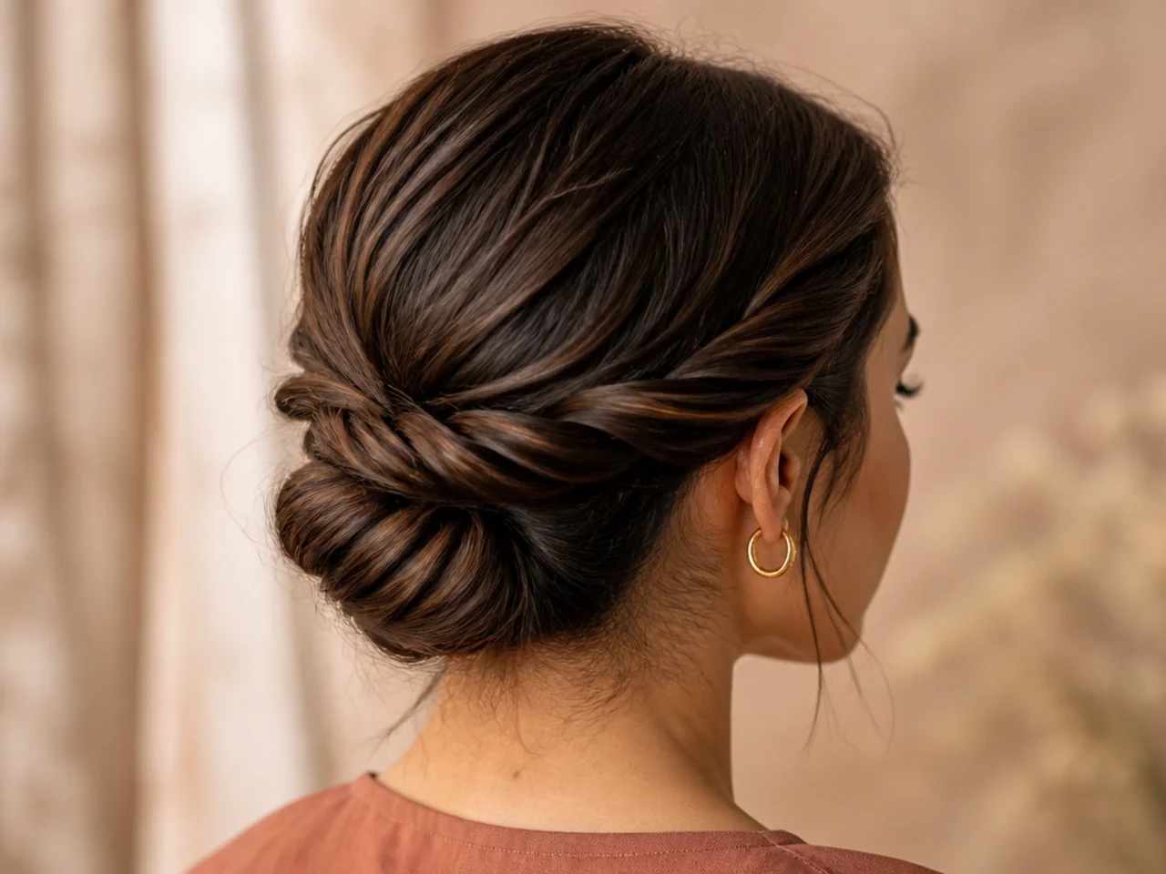 A short bun with twisted sides pinned back