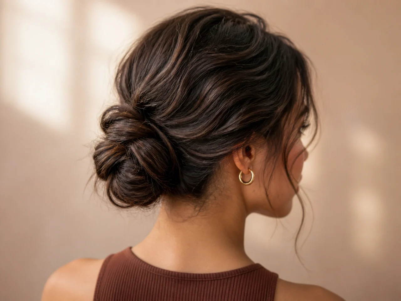 Three-quarter view of a finished short-hair bun