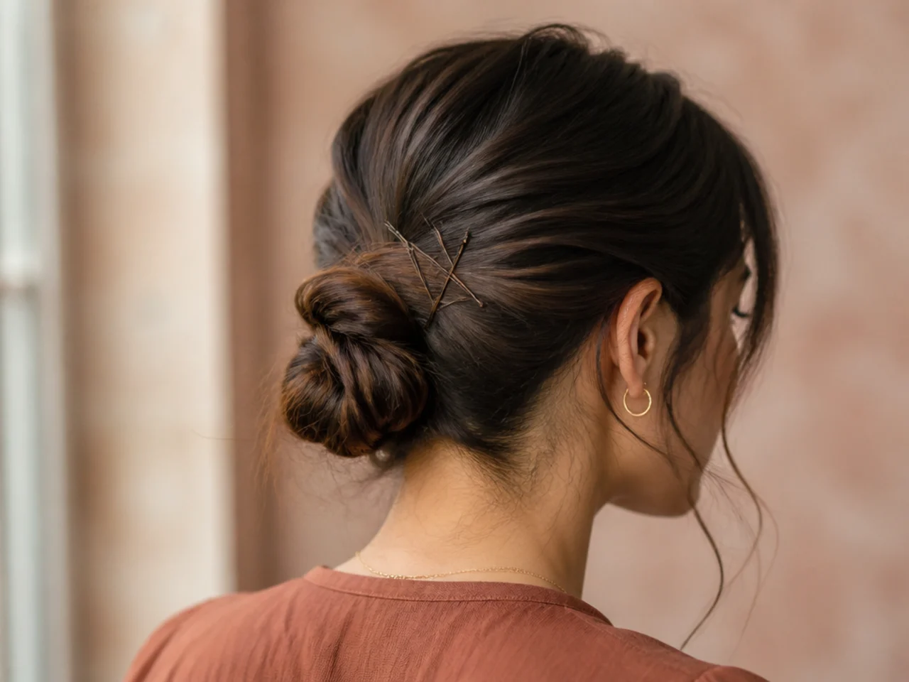 Pins crossed into short hair to secure a section