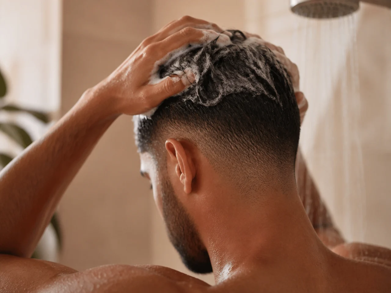 Clay being washed out of short hair in the evening