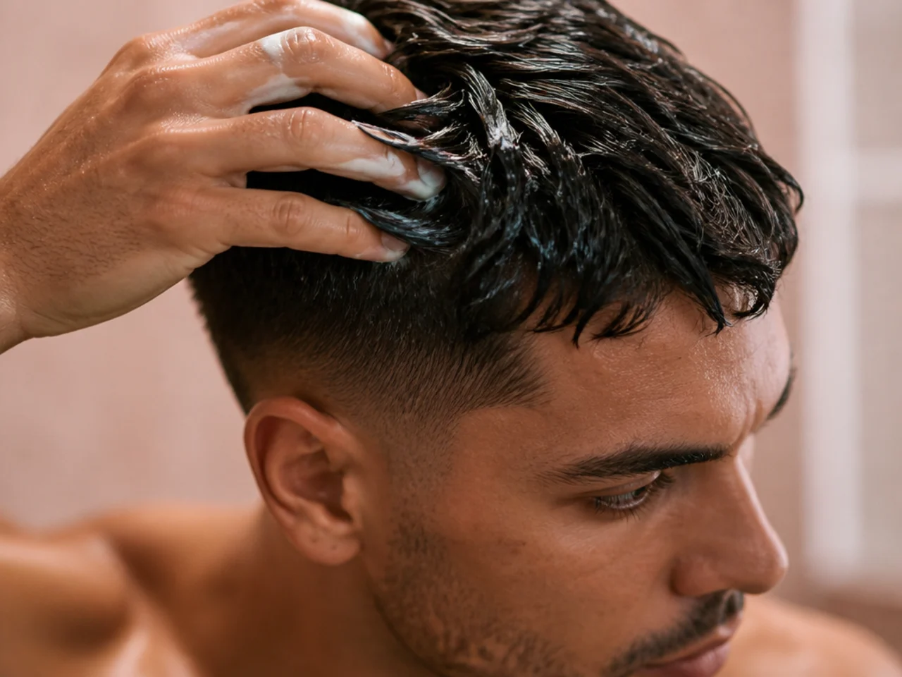 Conditioner being applied to the ends of short hair