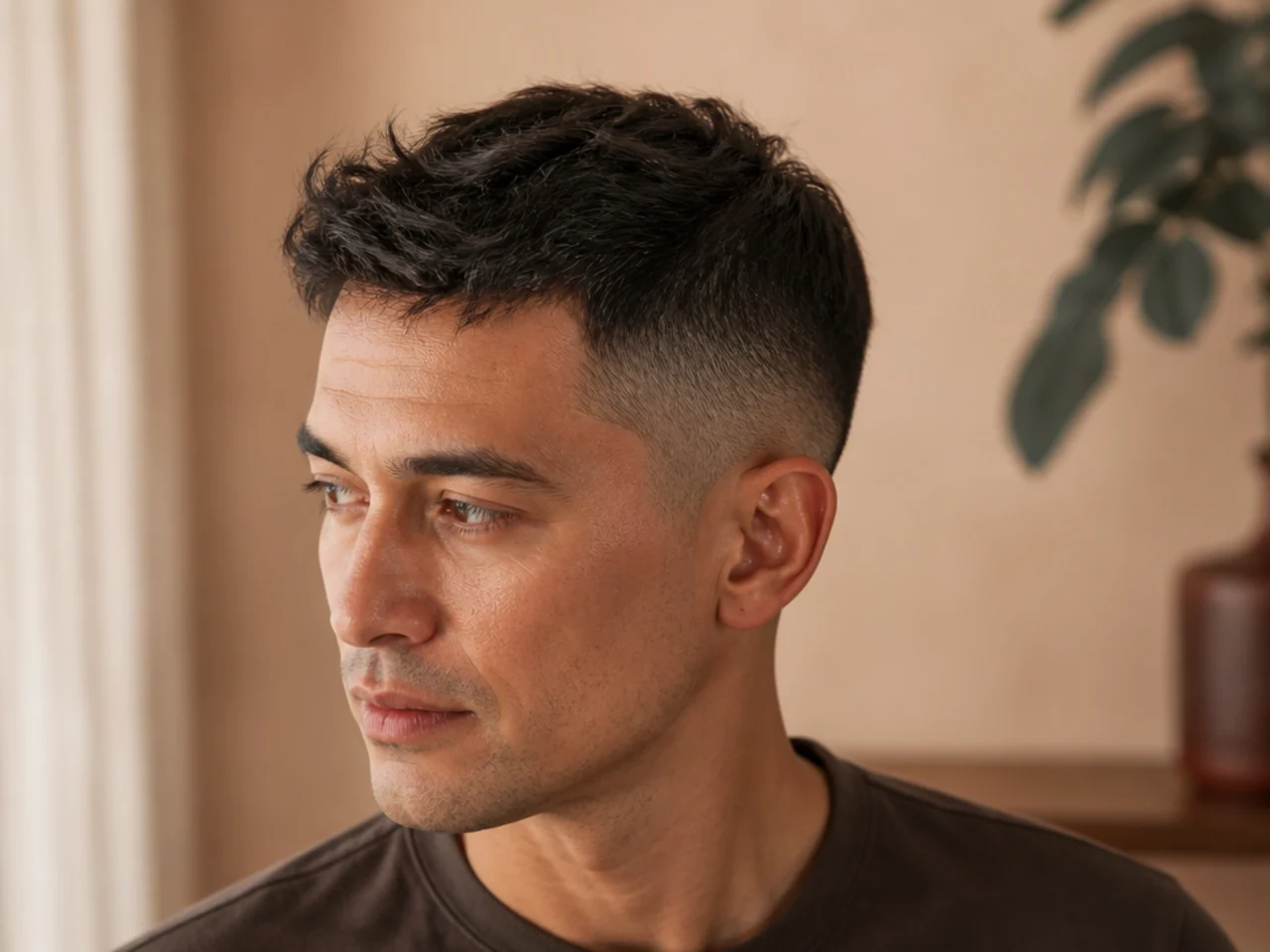 One side of a short haircut flattened after sleep