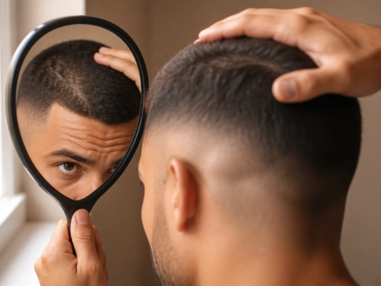 A scalp being checked in daylight with a hand mirror