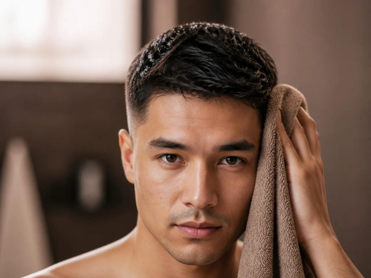 Short hair being towel-dried to damp
