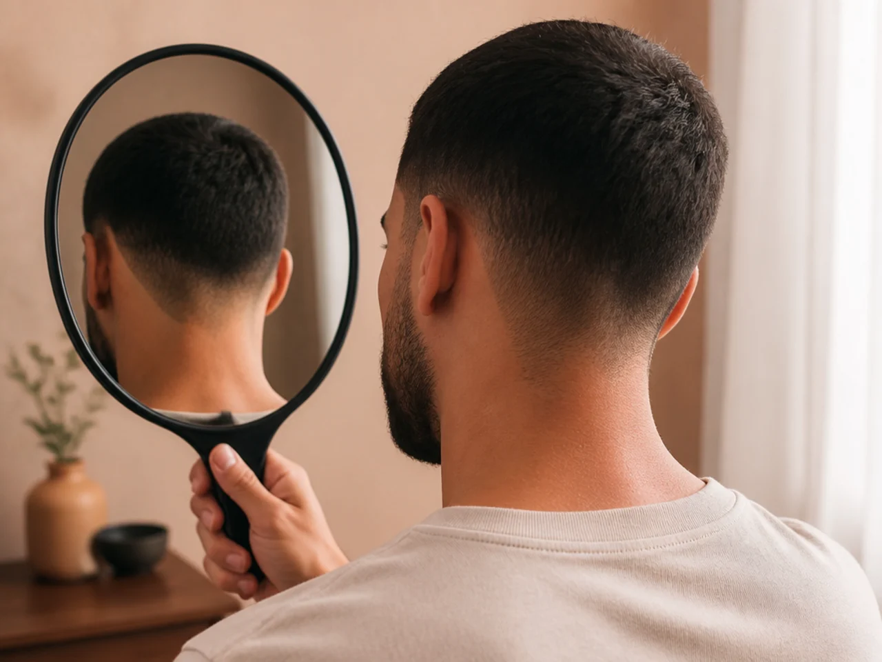 A neckline being checked in a hand mirror