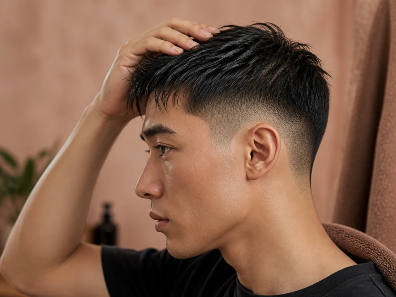Damp short hair being pushed forward with the fingers