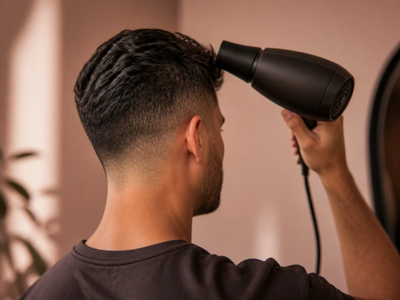 A hairdryer aimed at the roots of a short haircut
