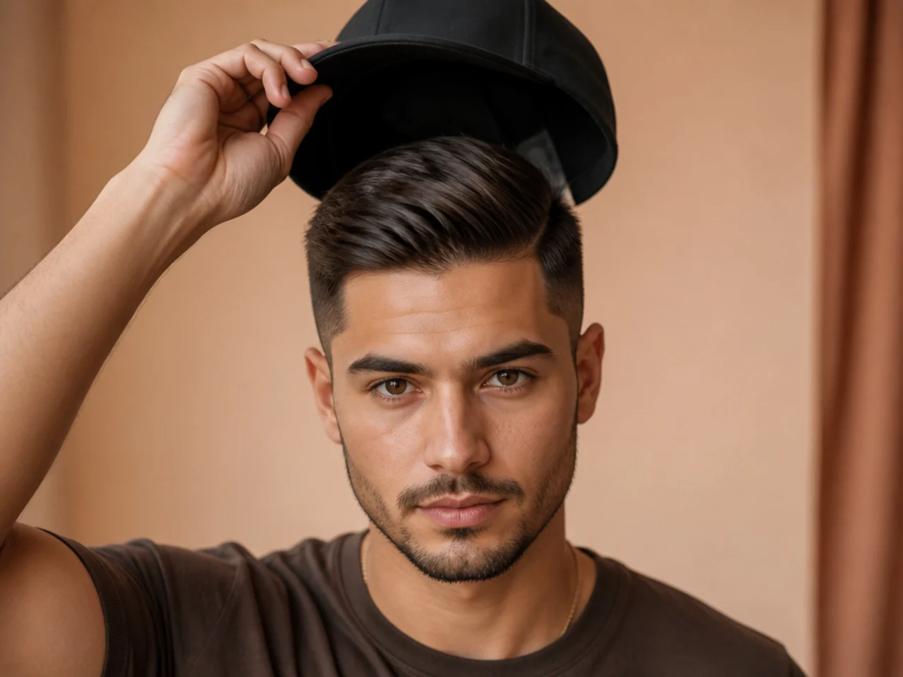 A cap lifted off flattened short hair