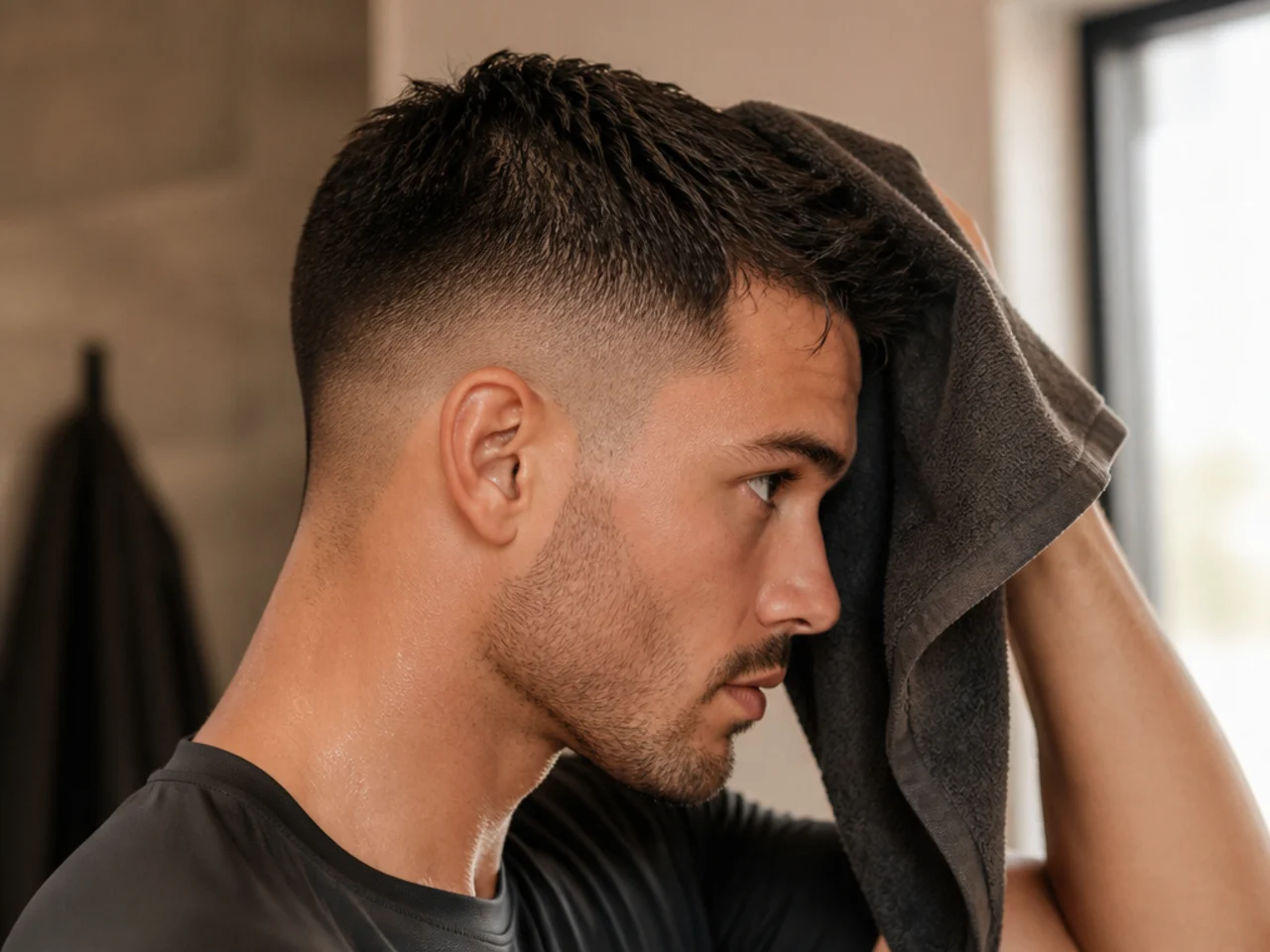 Short hair being re-set damp after the gym