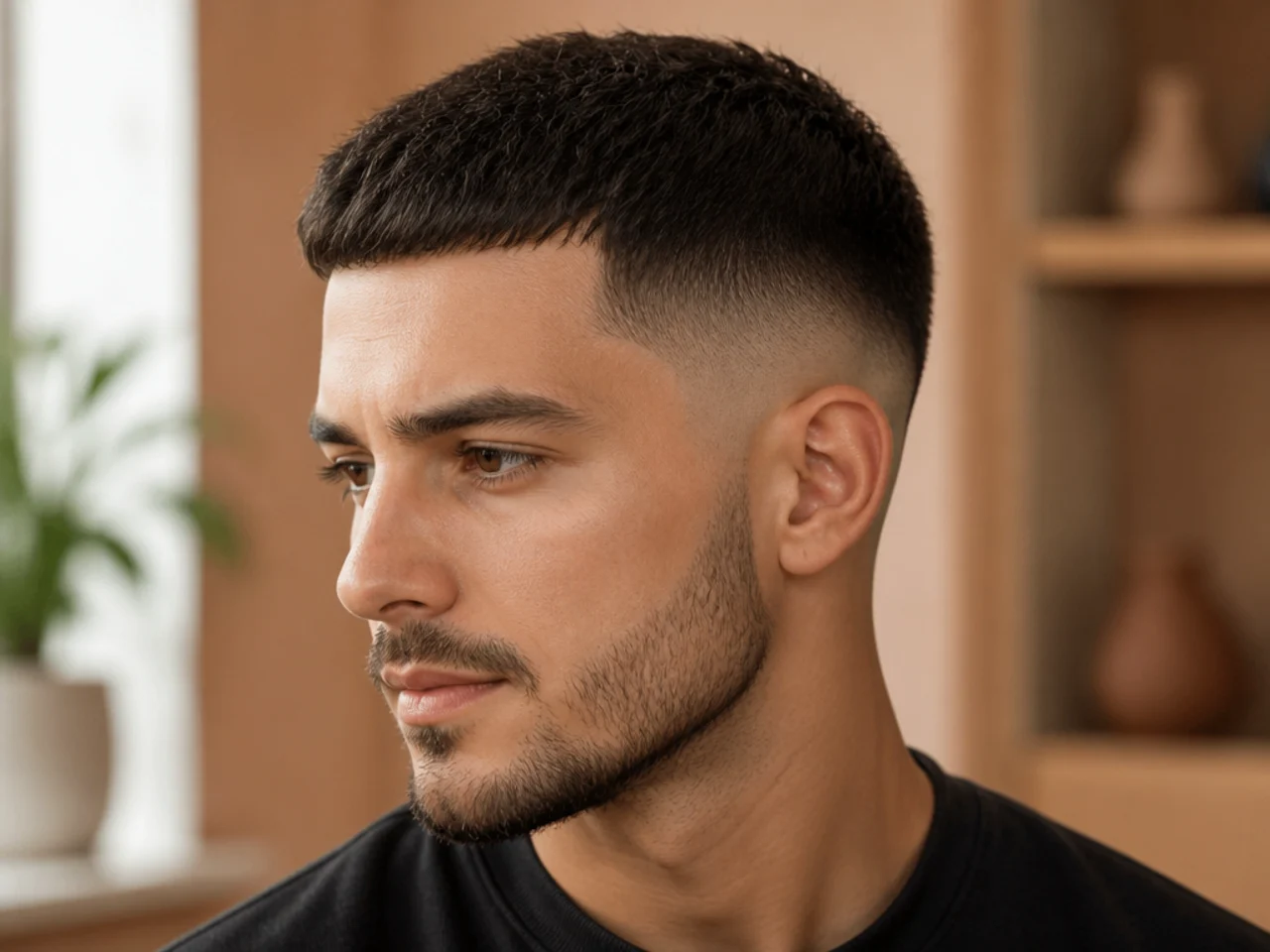 Three-quarter view of a well-kept short men's haircut