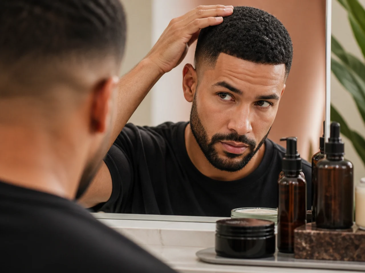 A small set of hair products kept beside a bathroom mirror