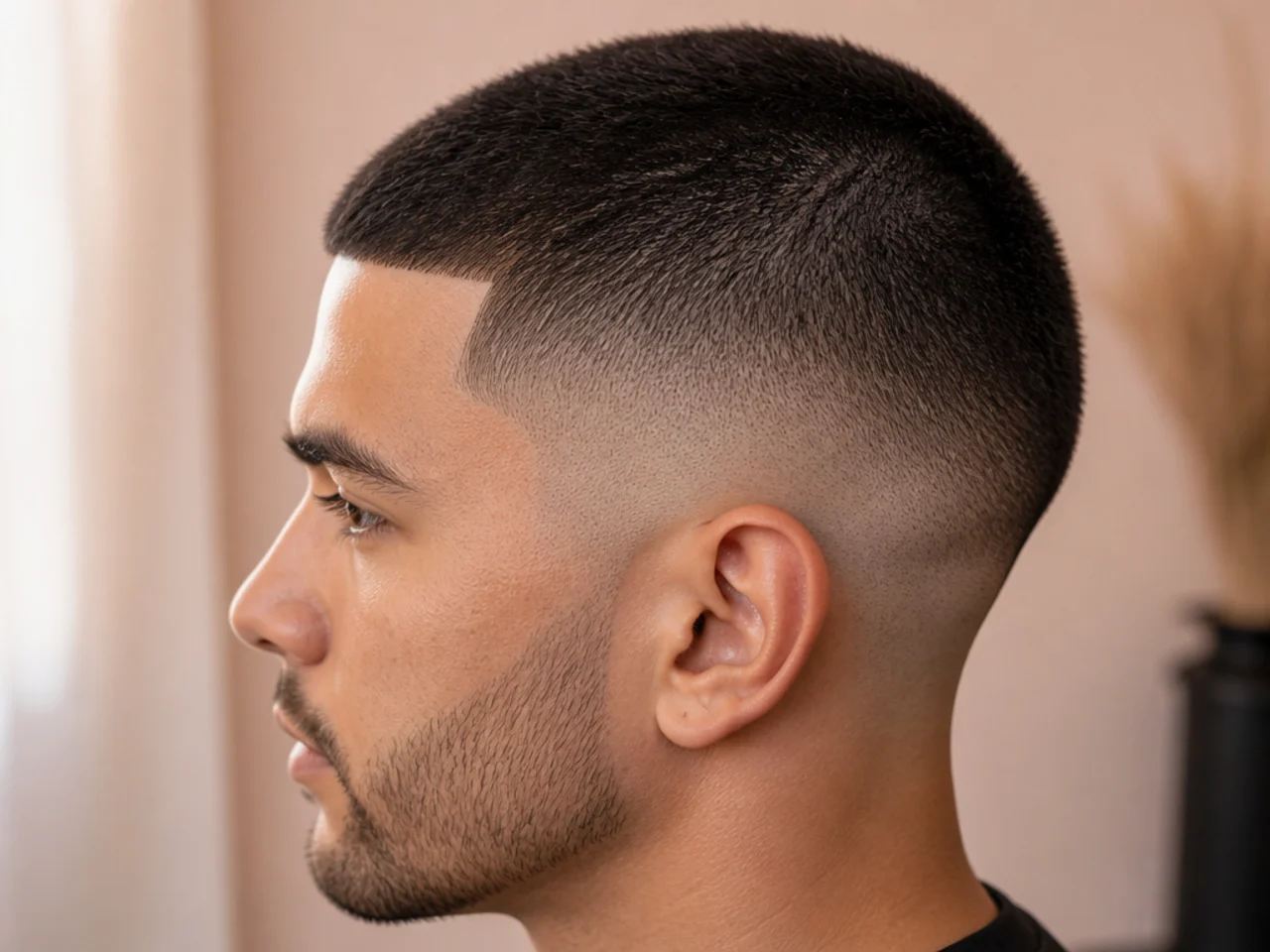Close view of a short haircut showing the scalp between the hair