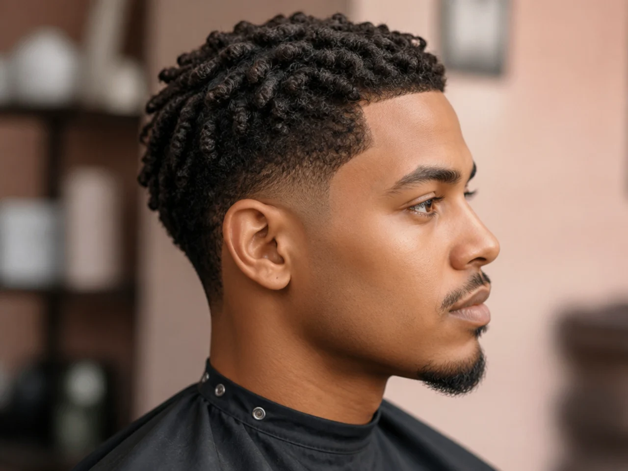 Short defined twist-out coils on a one-and-a-half-inch 4A top with a soft low taper fade at the sides