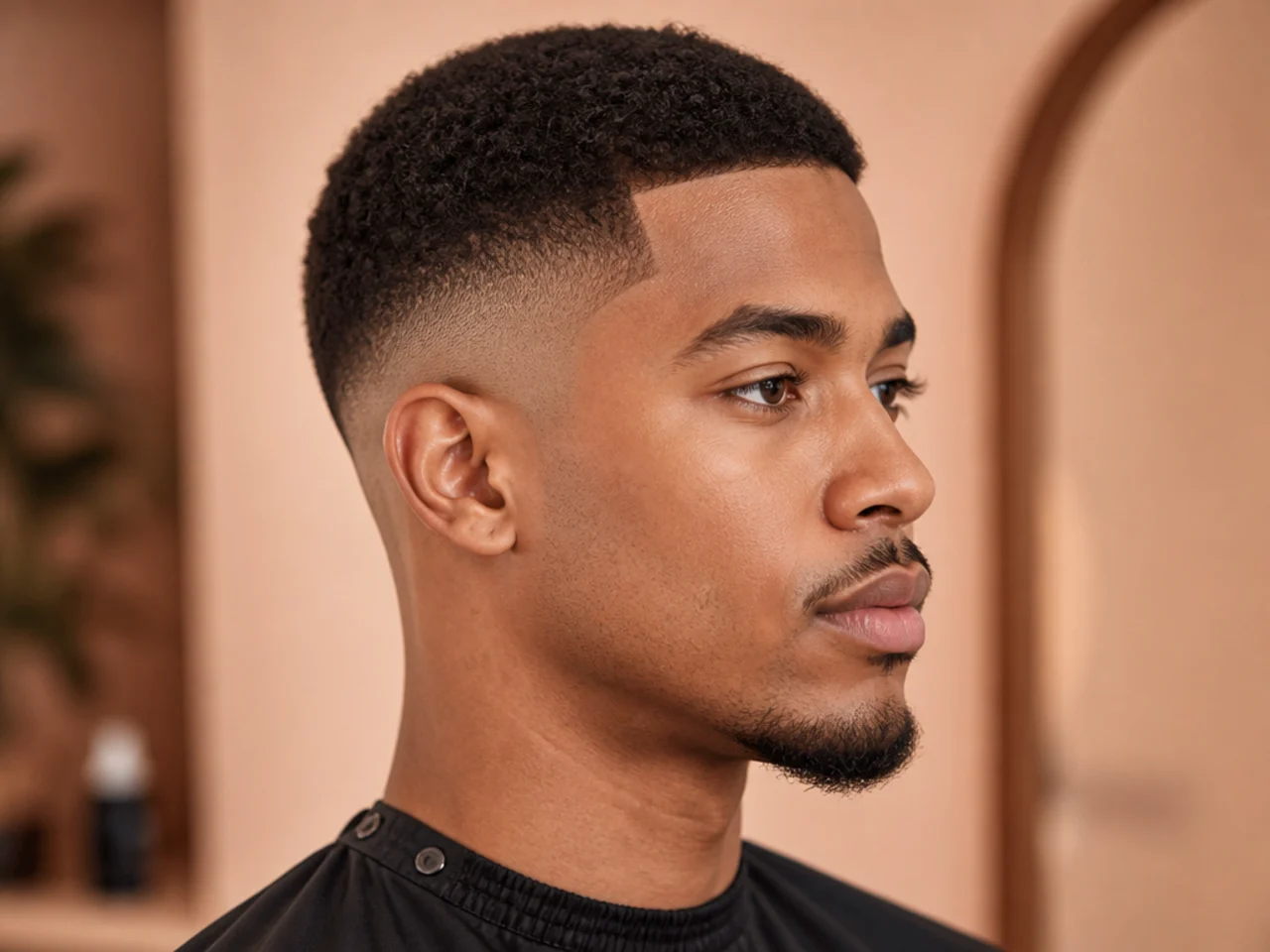 Very short skin-adjacent taper fade with a #1 velvet top on 4B hair with sharp line-up