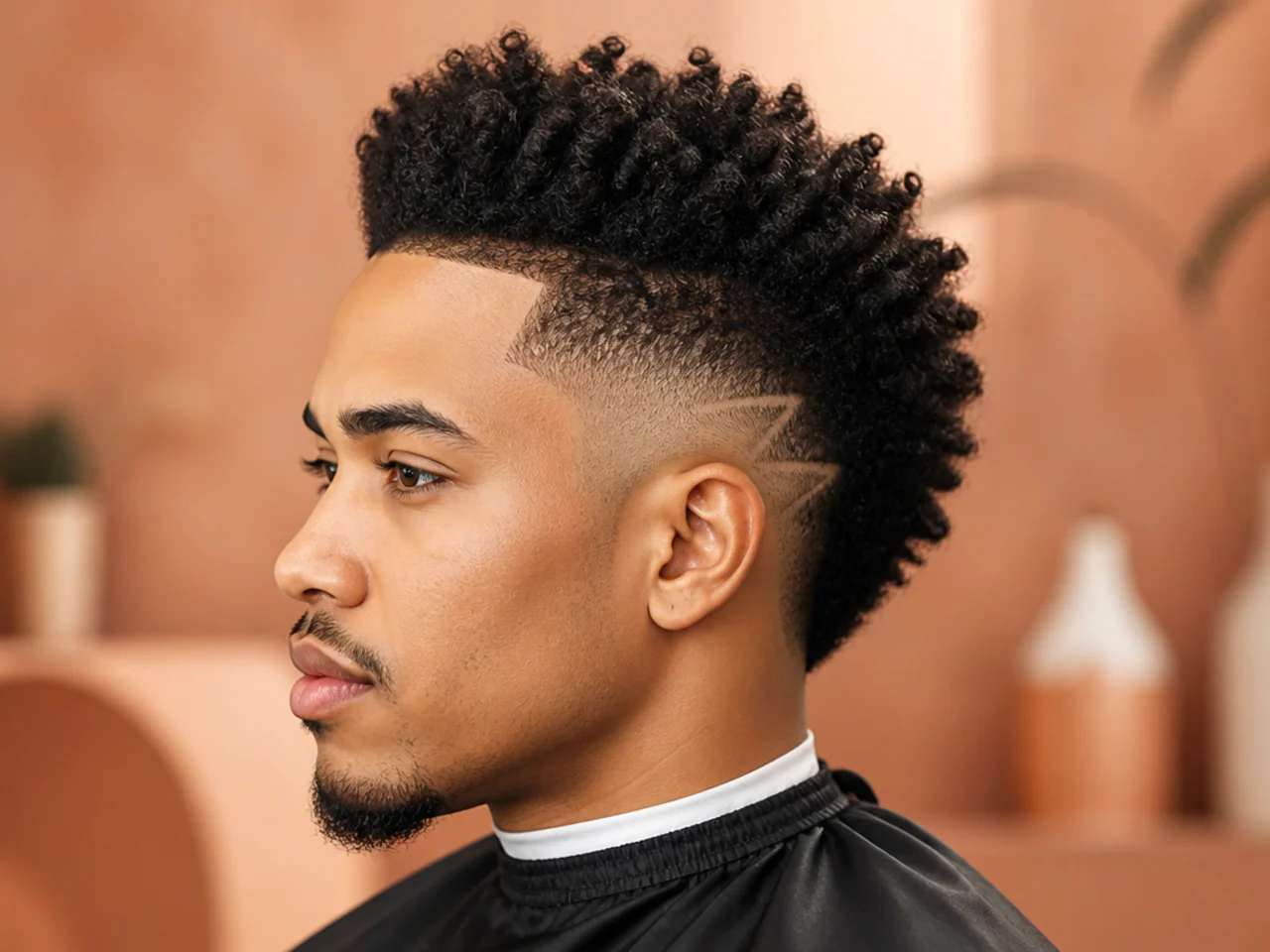 Short frohawk with a two-inch center strip and a burst-style taper radiating around the ear