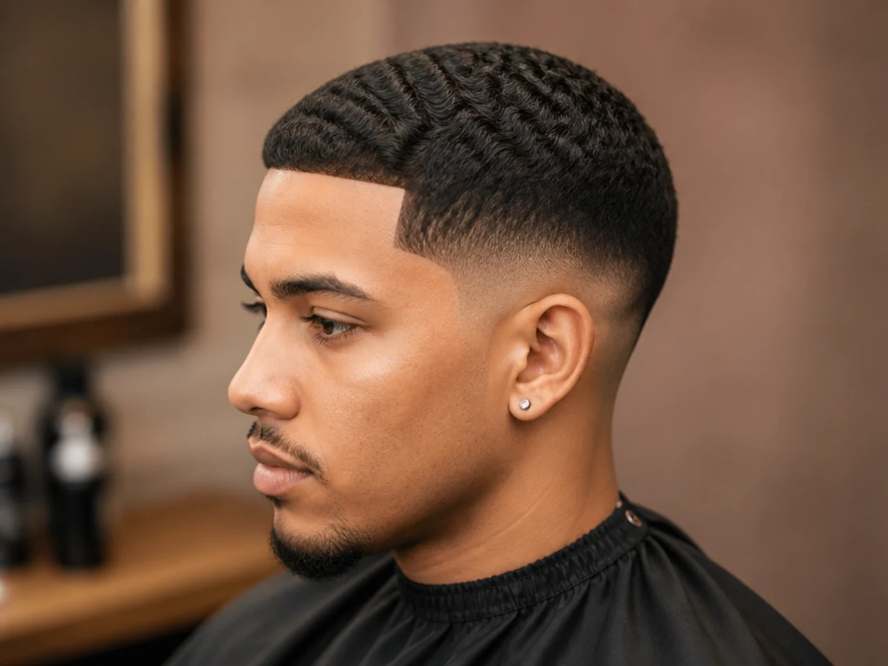 Short brushed 360 wave pattern on a #1 top with a clean mid taper fade at the sides