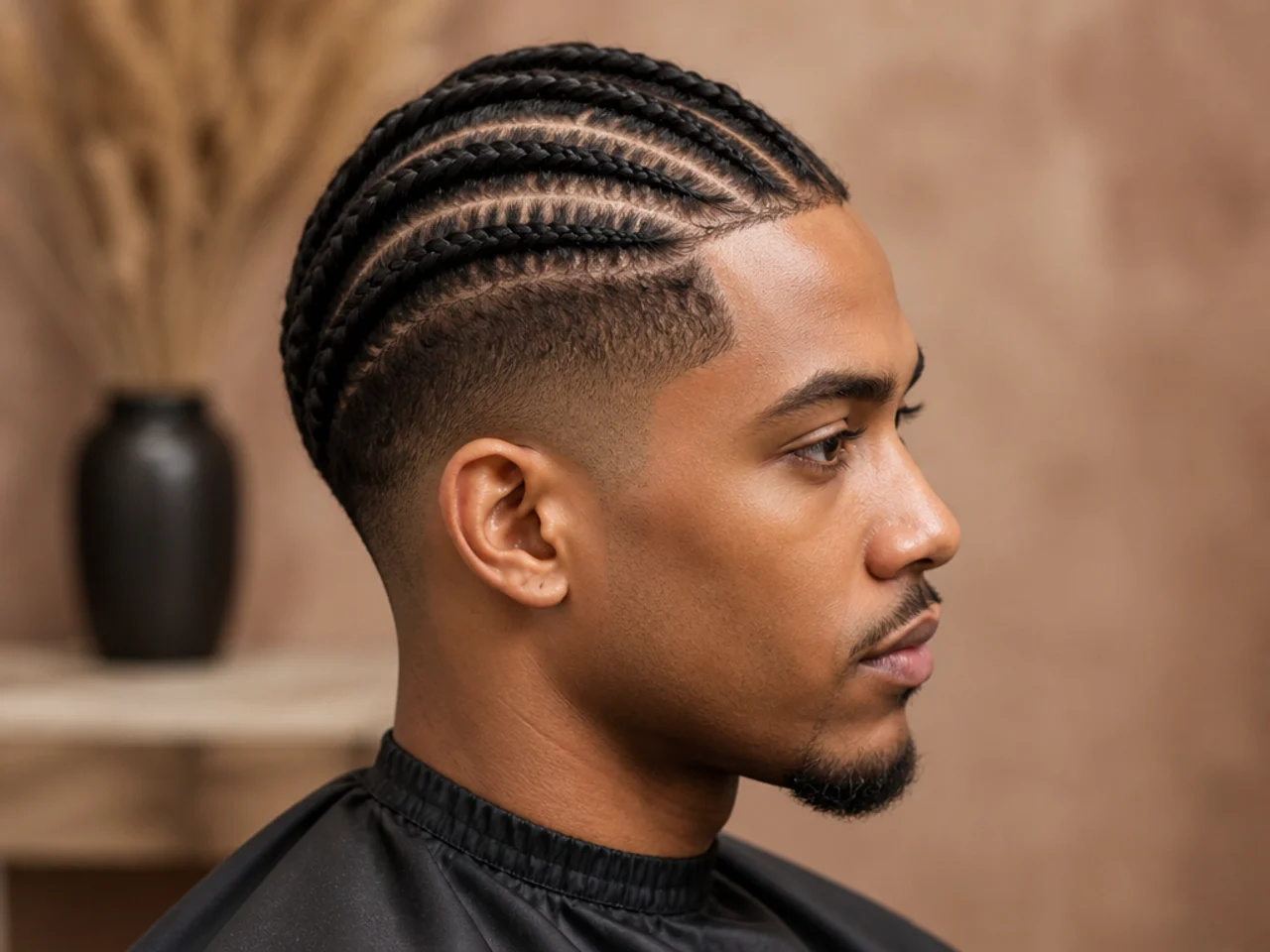 Short cornrows braided straight back on a one-and-a-half-inch top with a clean low taper fade at the sides