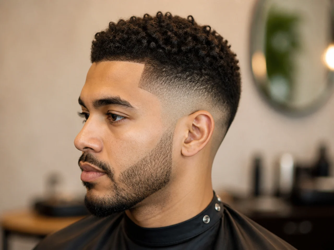 Detailed razored hair design at the temple on a short textured top with a clean low taper fade