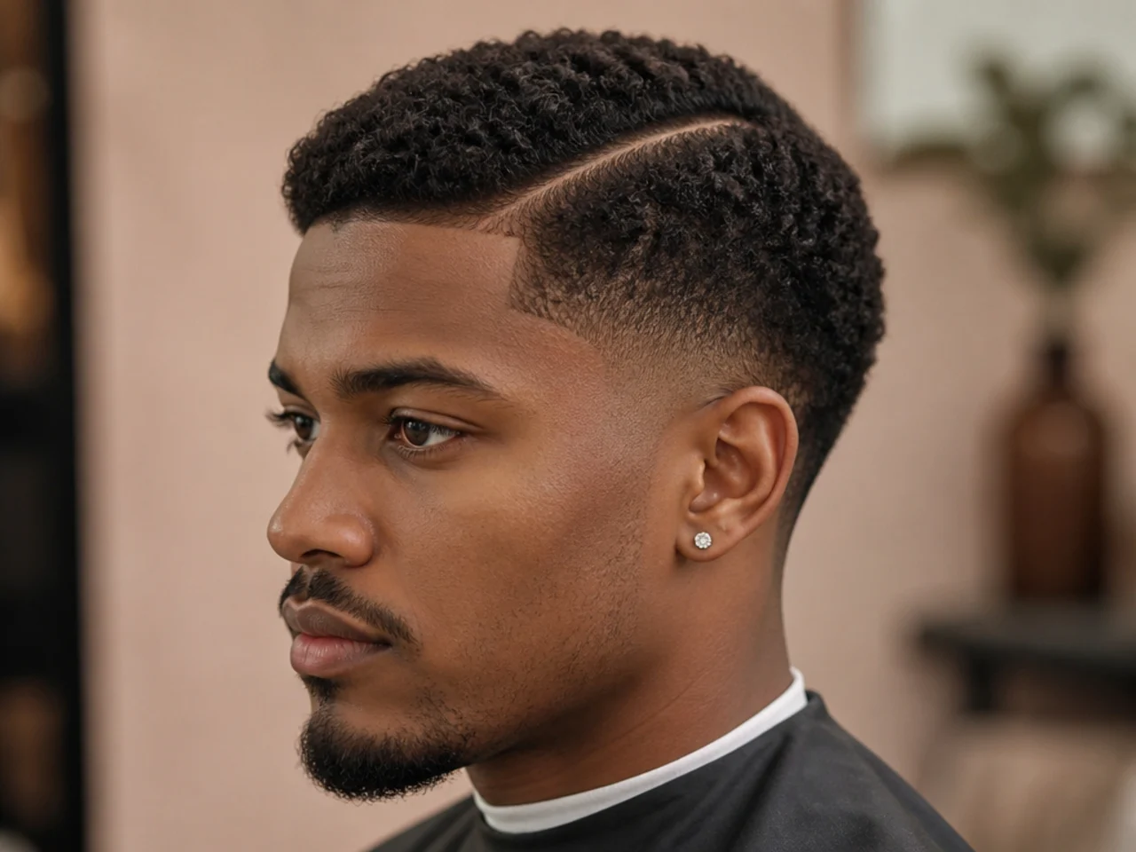 Short side-parted top on 4A hair with a razored hard part and a clean low taper fade