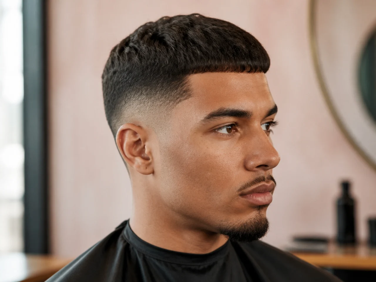 Textured caesar cut with straight fringe on a Black man with a clean mid taper fade at the sides
