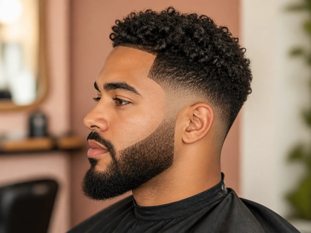 Short one-inch curly top with a full matched beard blended into a mid taper fade at the sideburn