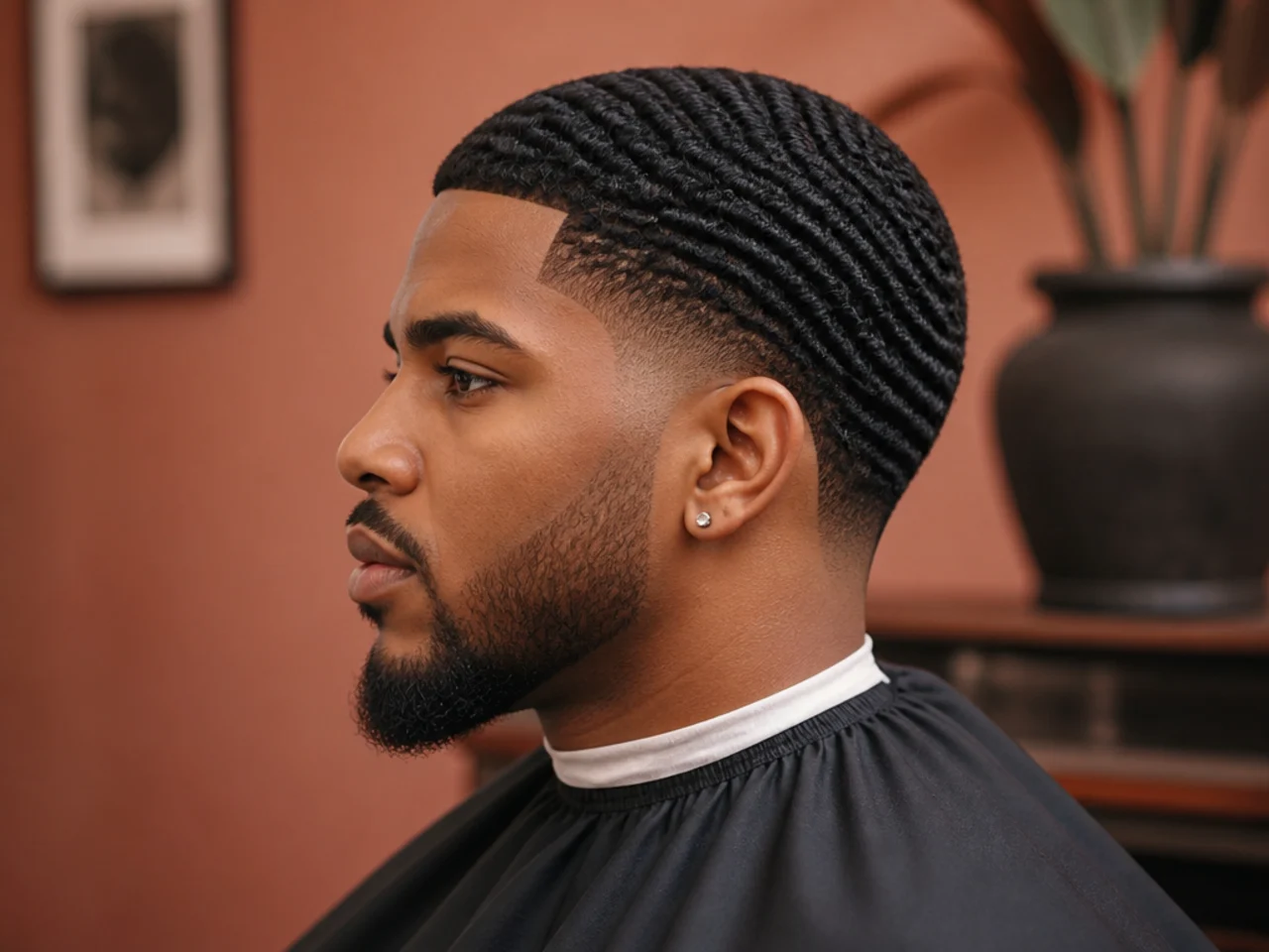Deep 360 waves brushed into a short top with a clean low taper fade at the sides on a Black man