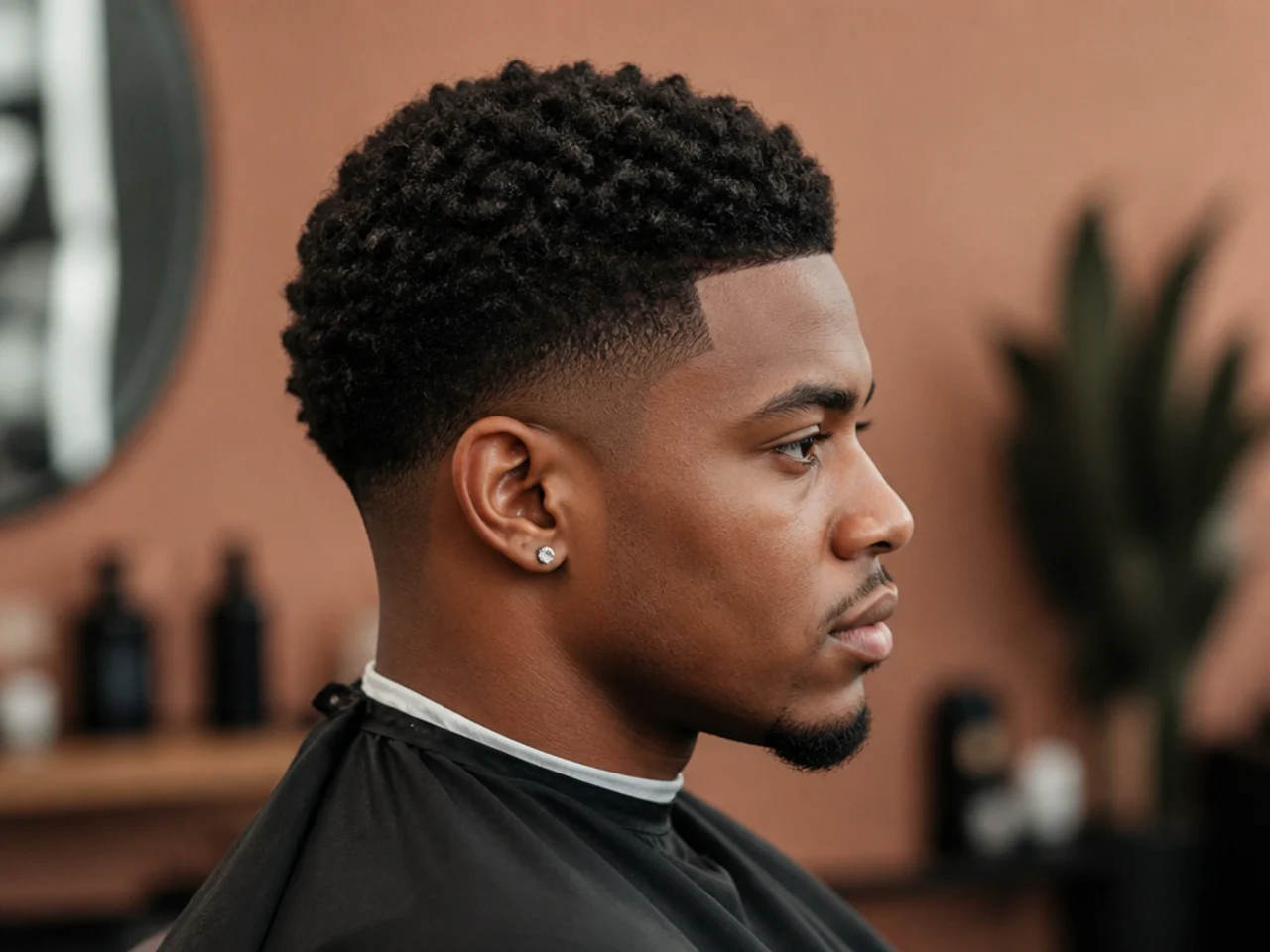 One-inch rounded mini afro on 4B hair with a soft low taper fade at the sides
