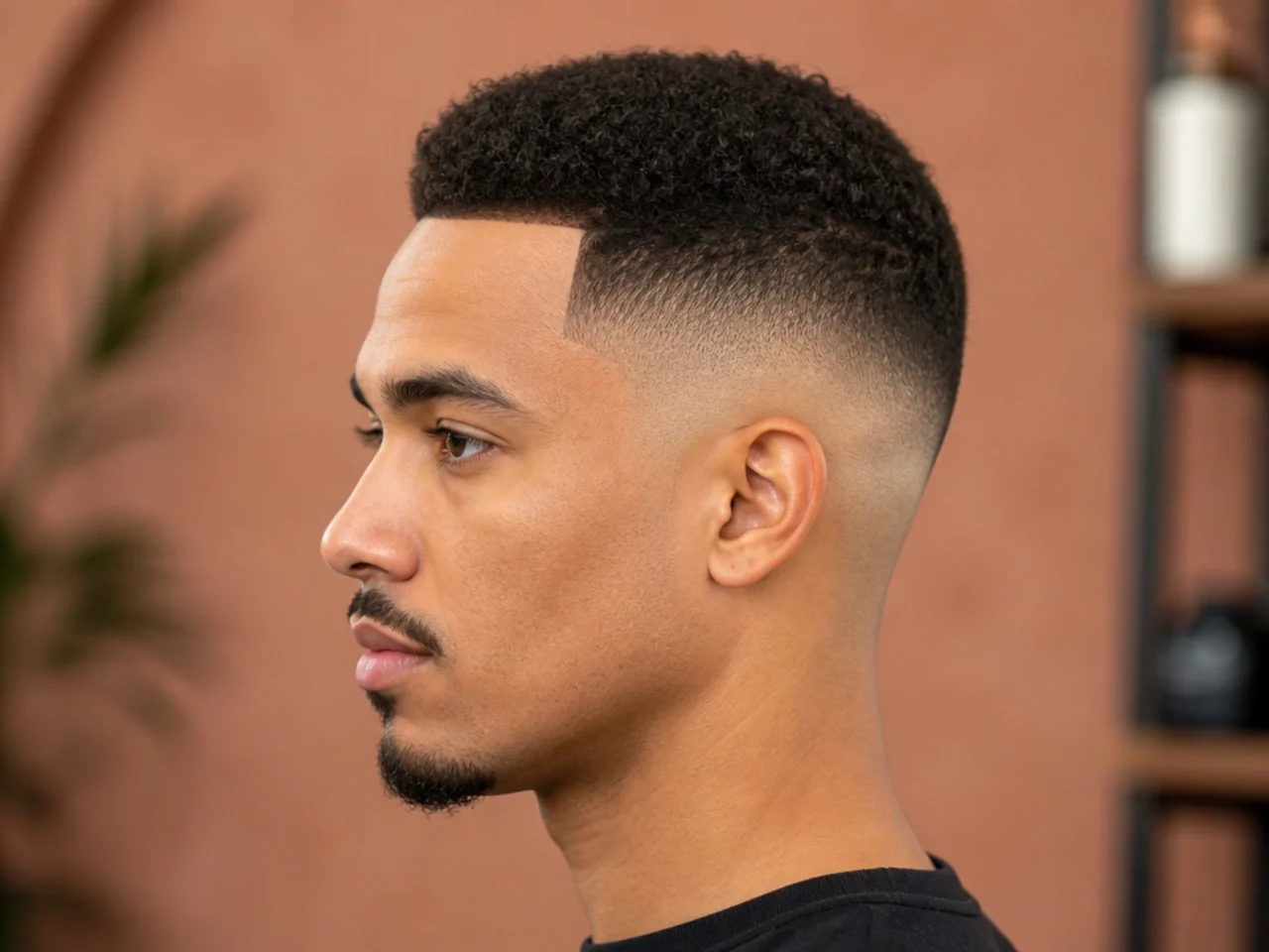 Military-style high and tight cut on a Black man with a very short crown and a clean high taper at the parietal ridge