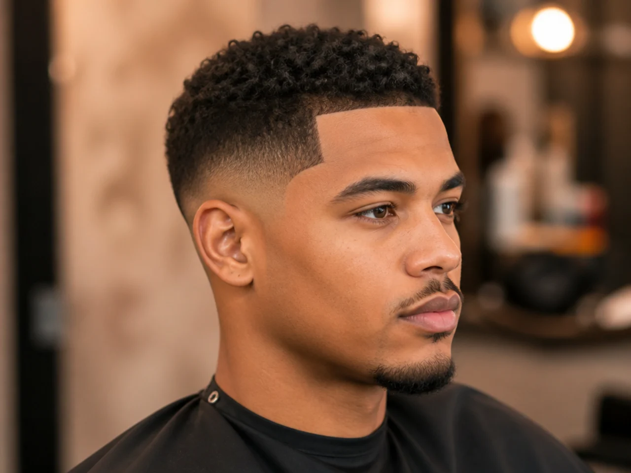 Sharp razored line-up at the forehead and temples framing a short textured top with a low taper fade
