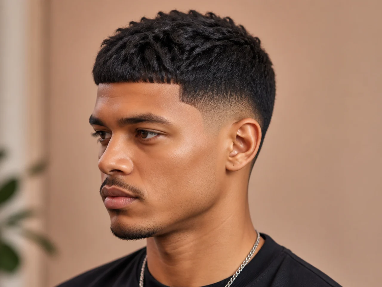 Textured black edgar haircut with flat straight-across fringe on 4A hair and a low taper fade at the sides