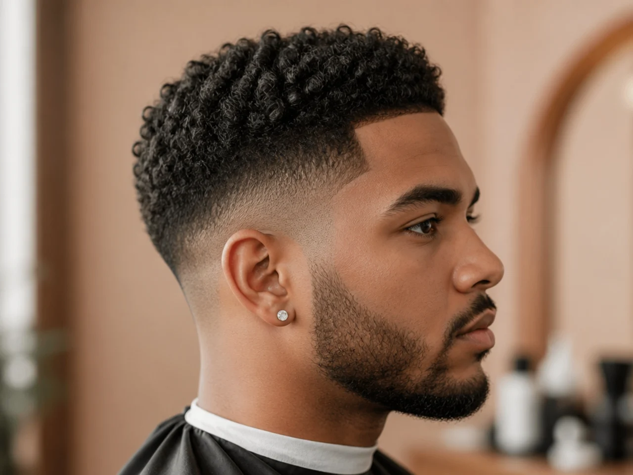 Textured short crop haircut on a Black man with mid taper fade at the sides and forward-styled front pieces