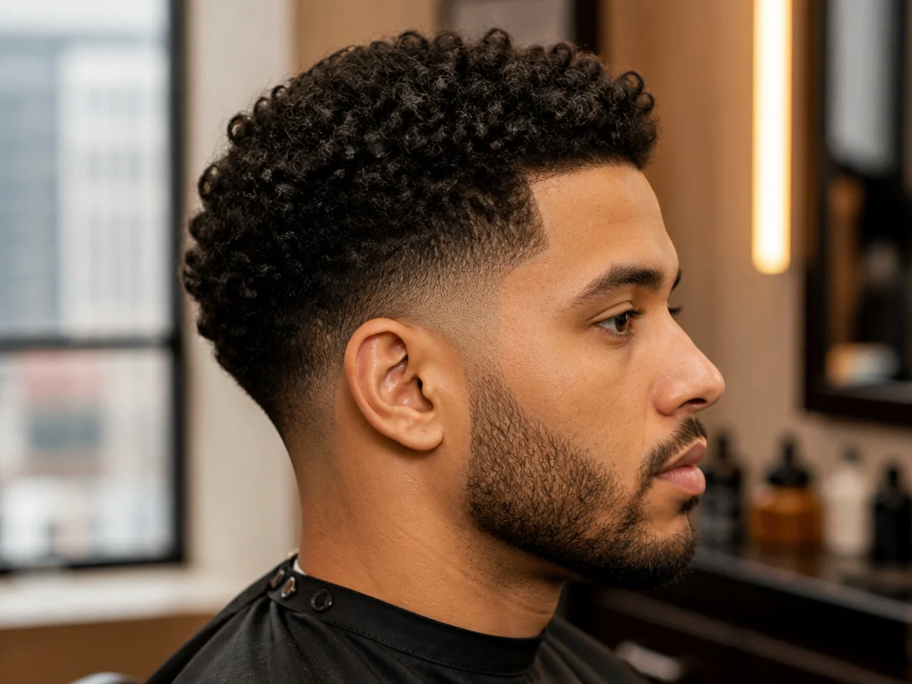 Short defined curls on a one-inch 4A top with a drop taper fade curving behind the ear