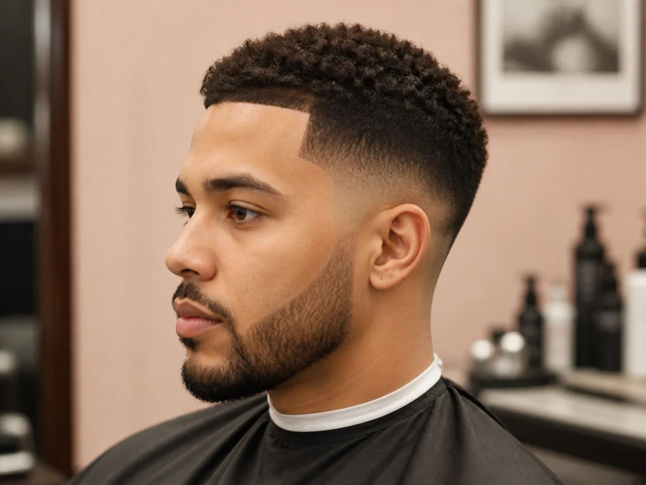 Black barbershop client showing a phone reference photo of a short taper fade to a Black barber before the cut