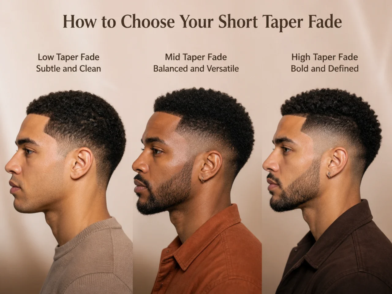 Three Black men side by side showing short buzz, brushed waves, and sponge coil tops with different taper heights