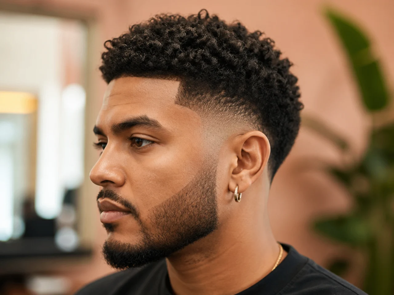 Short taper fade essentials laid out — sulfate-free shampoo, leave-in, light oil, boar-bristle brush, curl sponge, durag