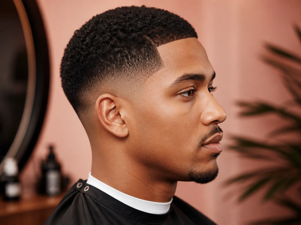 Close-up of a fresh short taper fade on 4A hair with a one-inch brushed top and a soft low taper above the ear