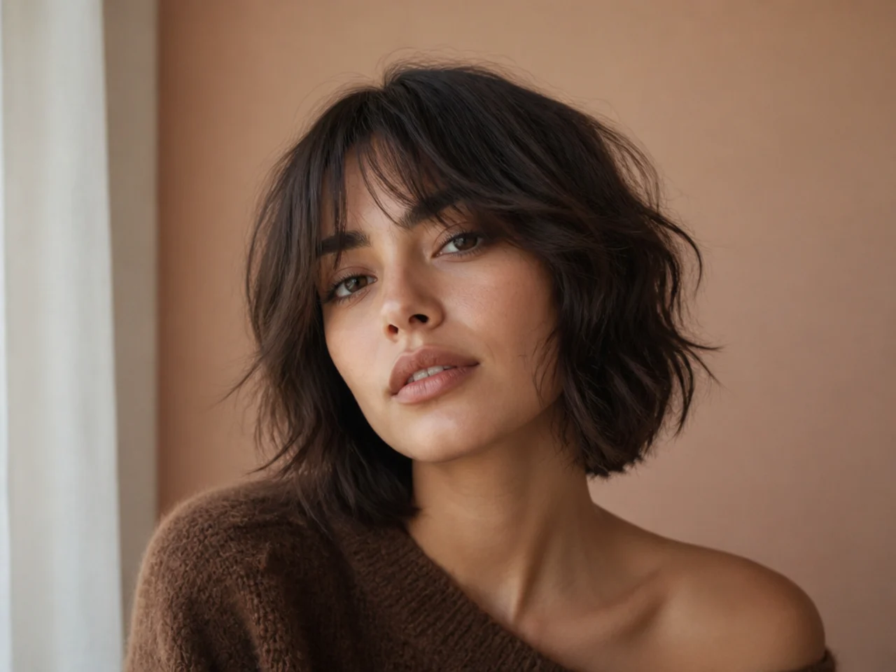 A shaggy bob with curtain bangs