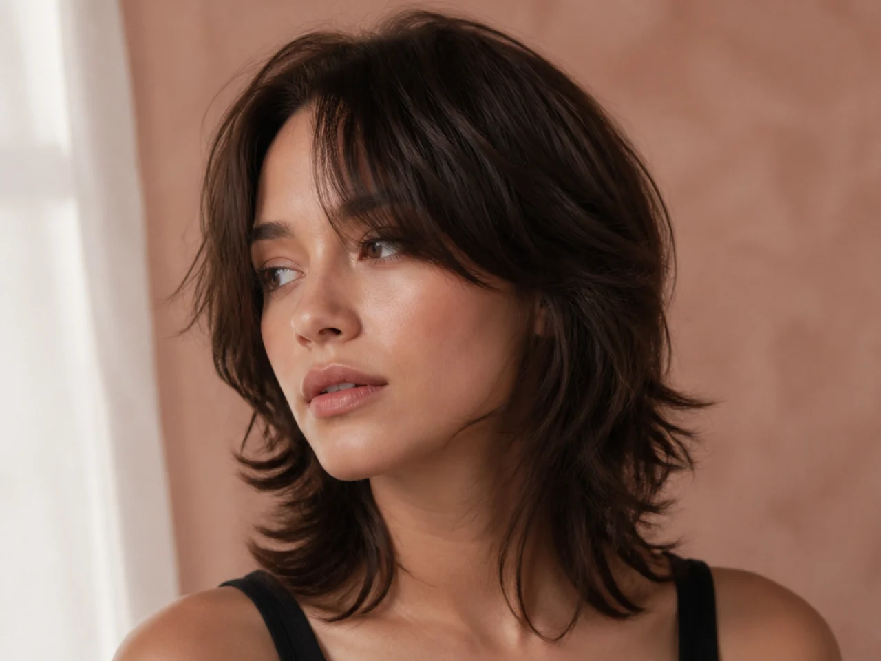 A short wolf cut worn with curtain bangs