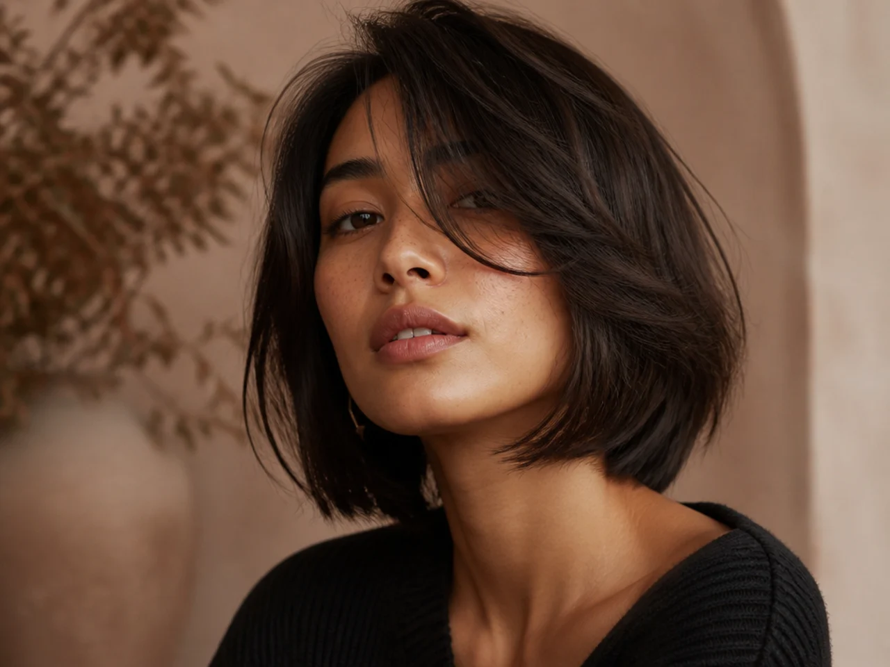 An asymmetric bob with off centre curtain bangs
