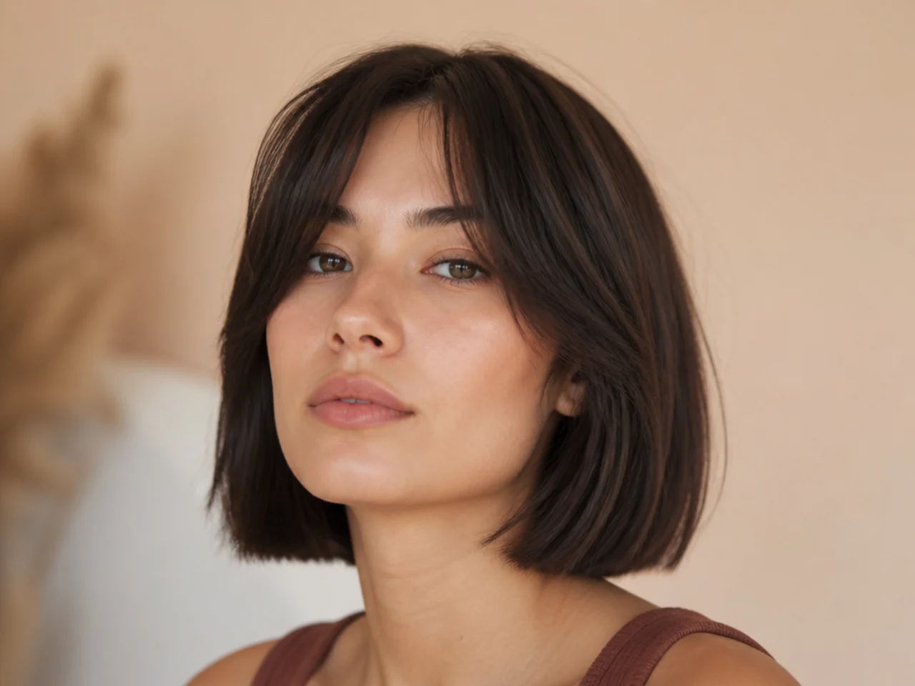 A jaw length blunt bob with curtain bangs