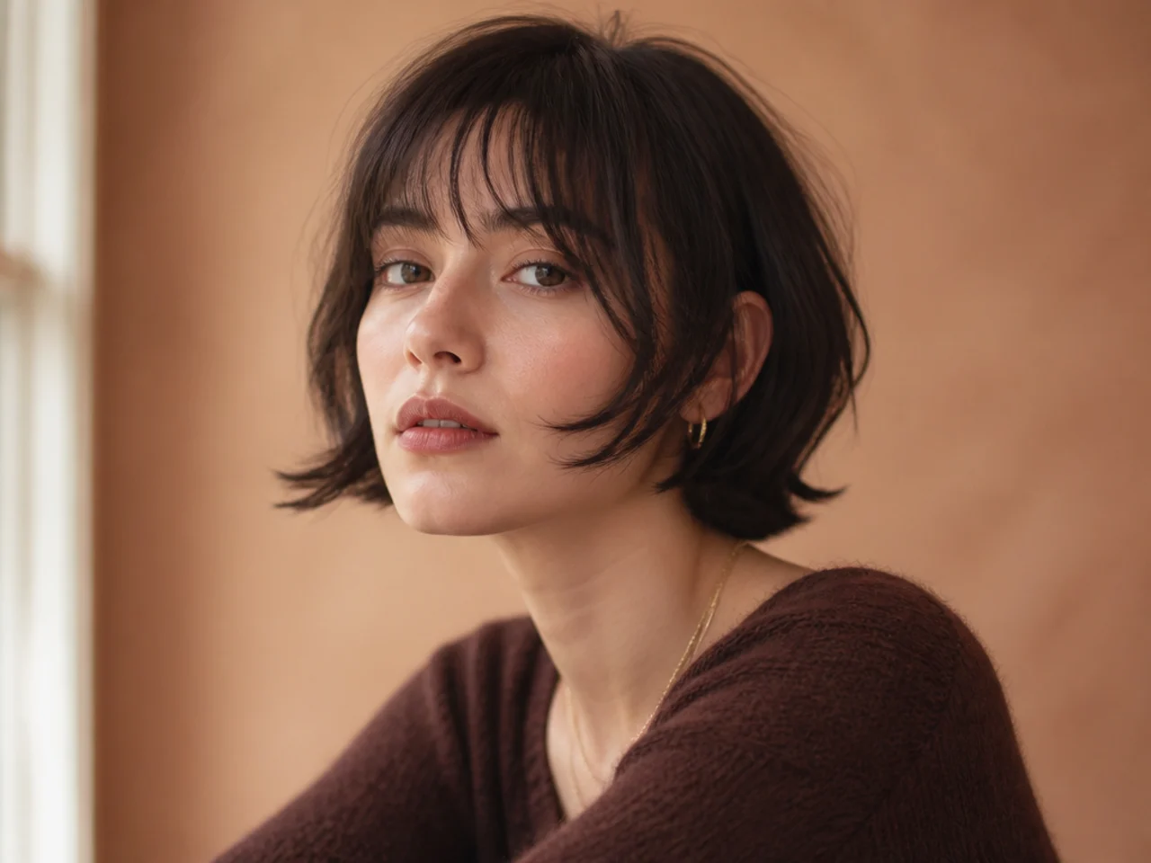 Short hair with bottleneck bangs flaring at the cheek