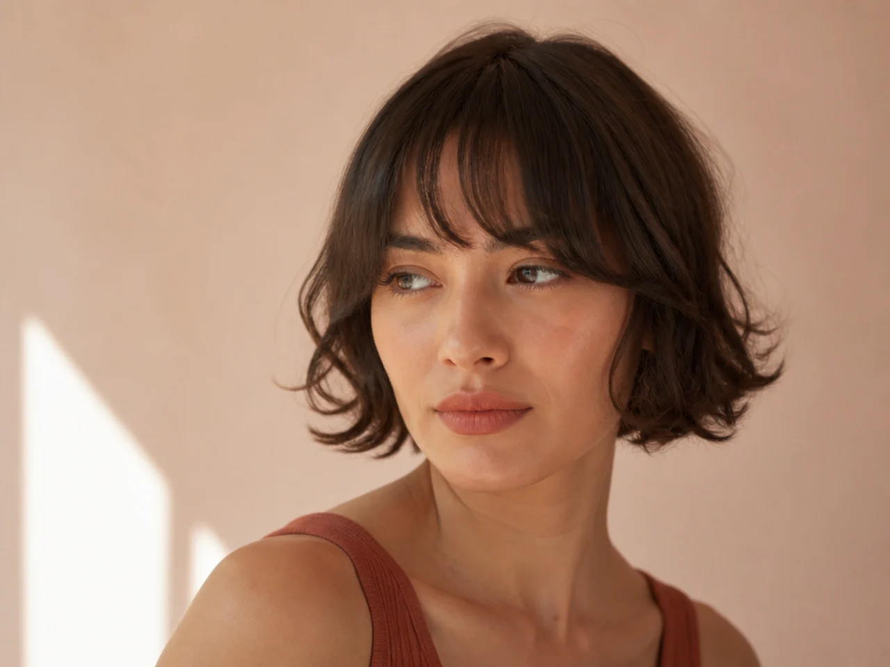 Curtain bangs cut into fine short hair