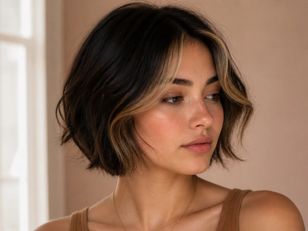 Short hair with lightened money piece curtain bangs