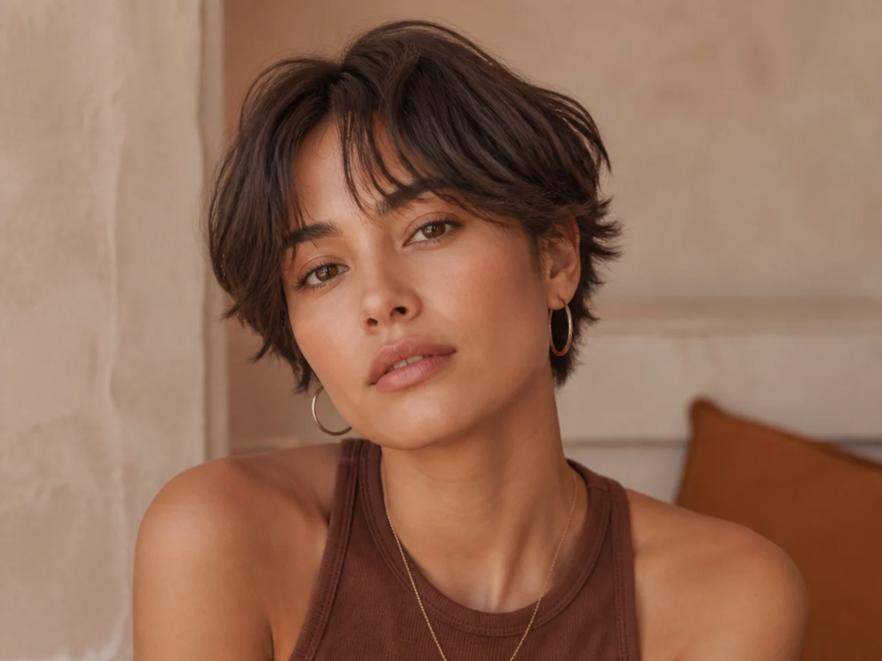 A tousled short crop with curtain bangs