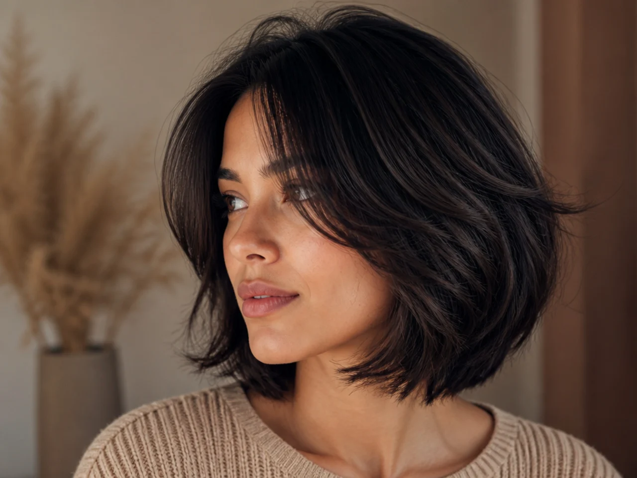 A layered bob with curtain bangs