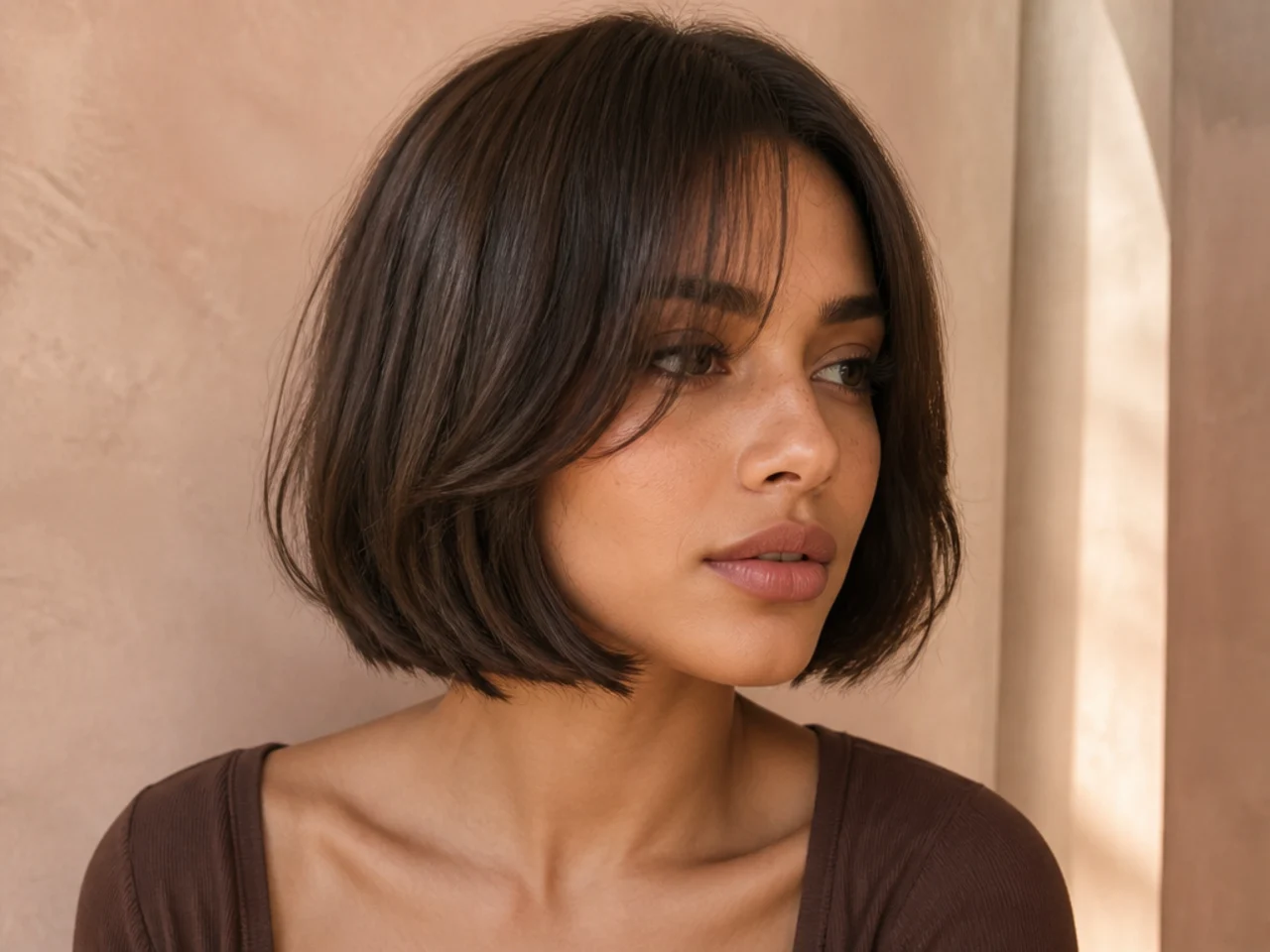 A sleek bob with precisely cut curtain bangs