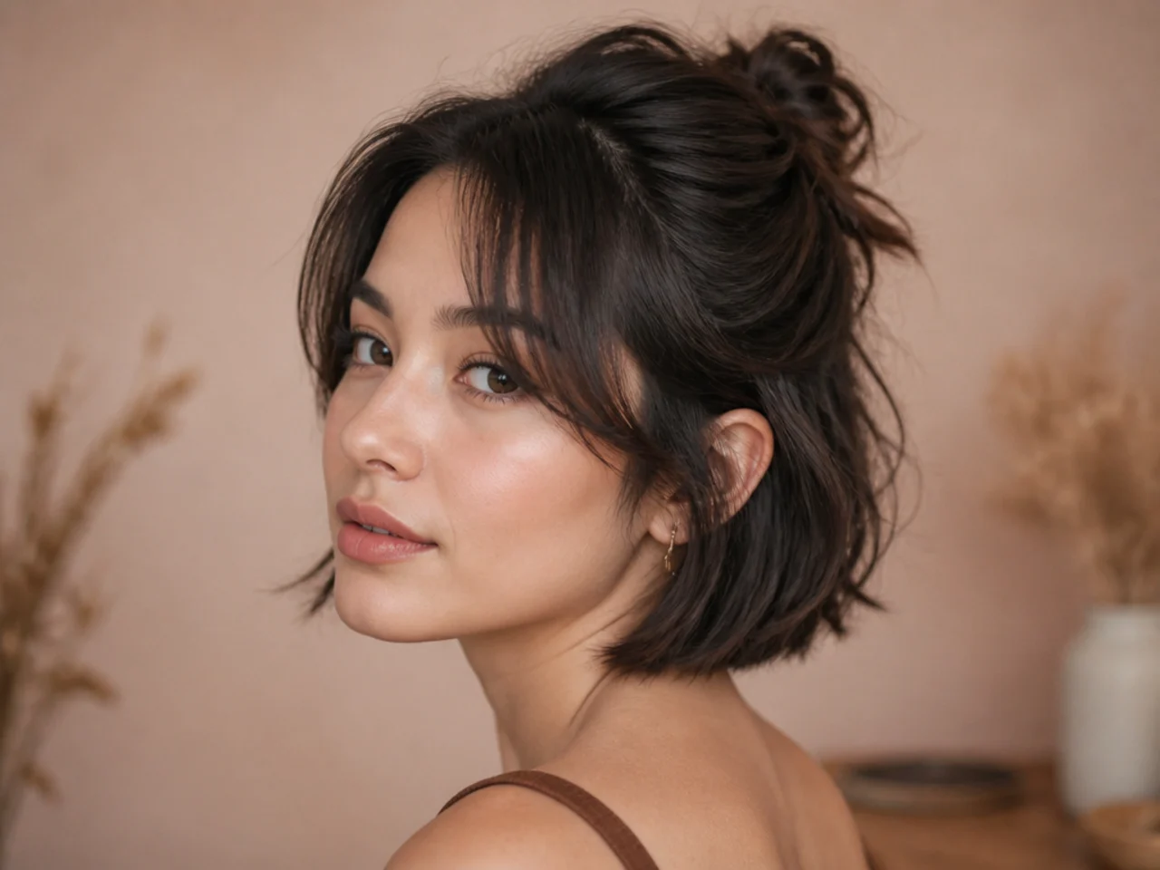 Short hair in a half up with curtain bangs left out