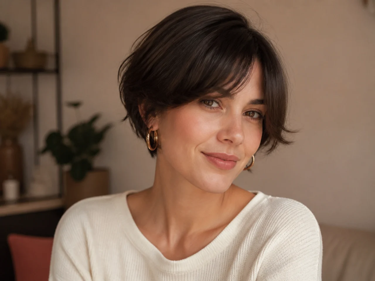 Curtain bangs worn with a side part on short hair