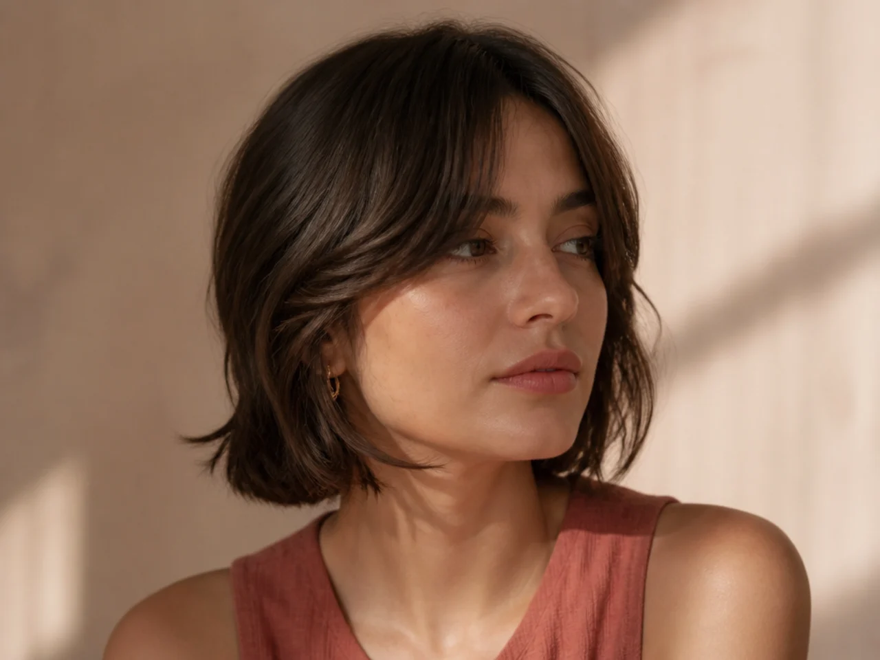 Grown out curtain bangs blending into a short cut